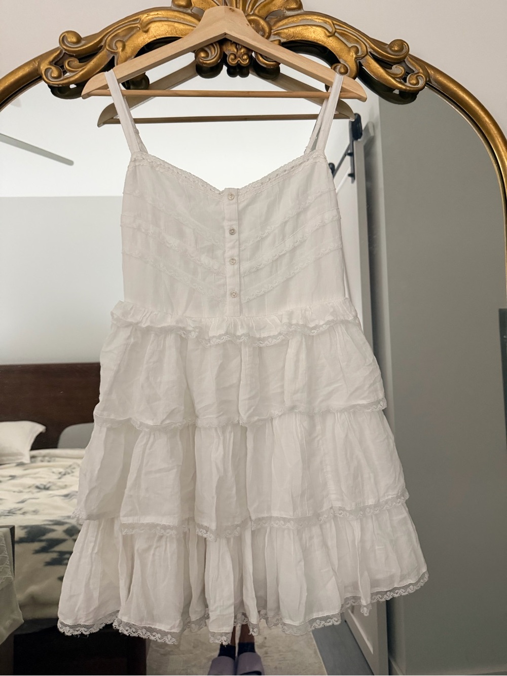 American Eagle Outfitters White Smocked Top with Lace Trim